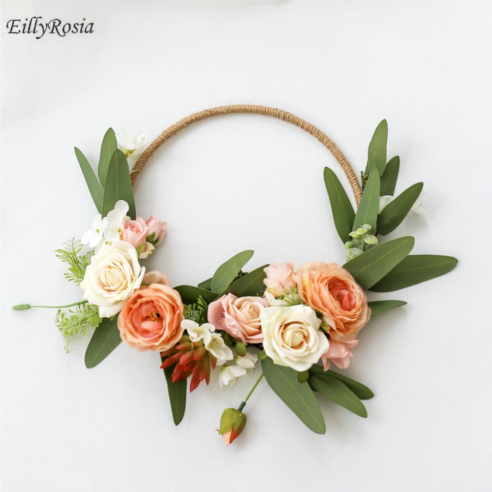 EillyRosia Kreis Rould Braut Strauß Hochzeit Kranz Blume Brautjungfern Halten Blumen Mädchen Künstliche Orange Tür Dekoration