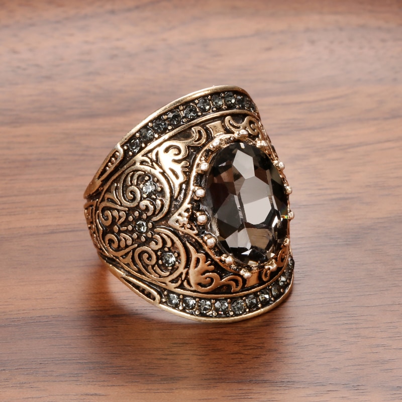 Kinel anéis vintage de cristal cinza quente para mulheres, ouro antigo e oval de zircônia, anéis étnicos para noivas, joias para casamento, acessórios de festa