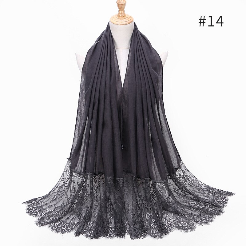 Two Sides Floral Lace Hijabs Viscose Head Scarves Muslim Womens Plain Maxi Muffler Cotton Arab Shawl Tudung Turban 1PC: 14 dark gray