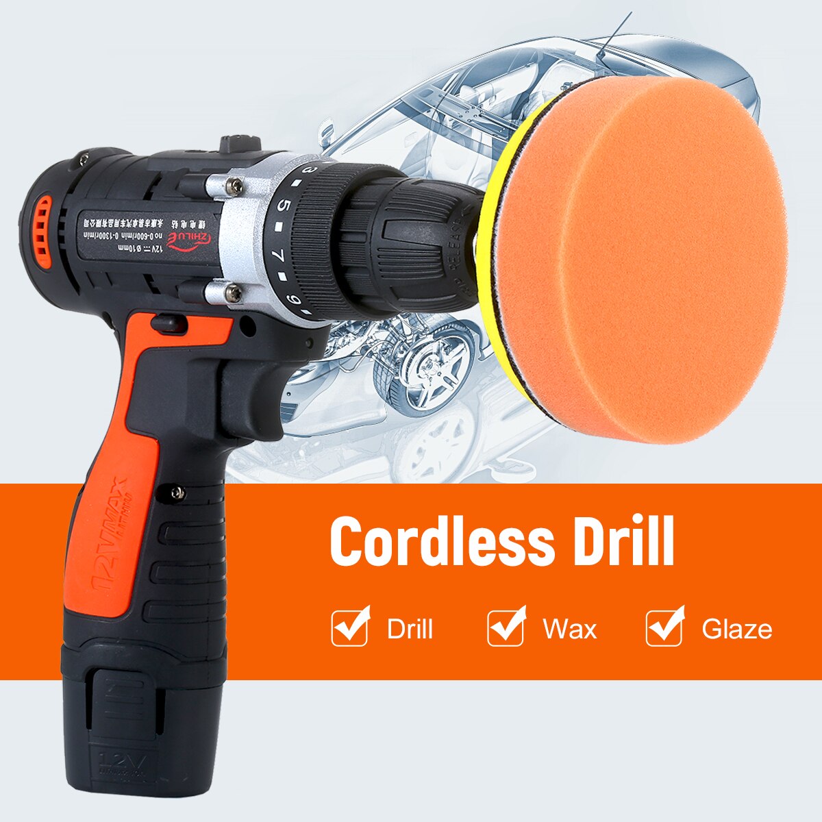 12V Cordless Drill/Driver Kit 1400rpm Variable Speed Polisher Car Buffer Waxer Set Power Screwdriver with 5 Bits 1 Polishing Pad