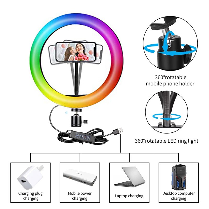 10 Inch RGB LED Ring Light - Dimmable Camera Lamp with Tripod Stand for Photo Video Studio