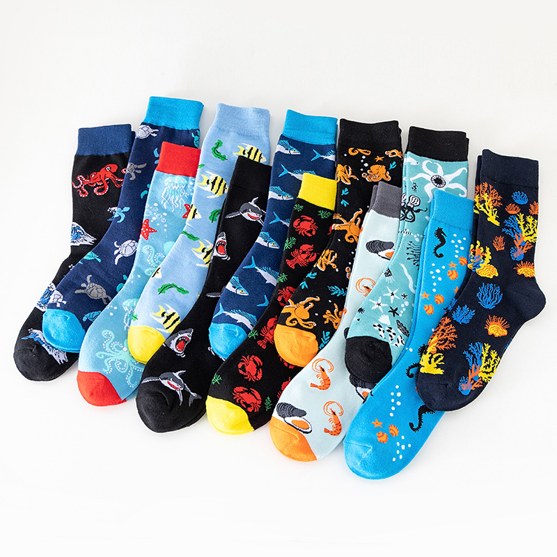 Nuevos calcetines de para hombre Harajuku japonés calcetines de dibujos animados felices caballito de mar cangrejo camarones calcetines de Coral tendencia medias masculinas calcetines divertidos