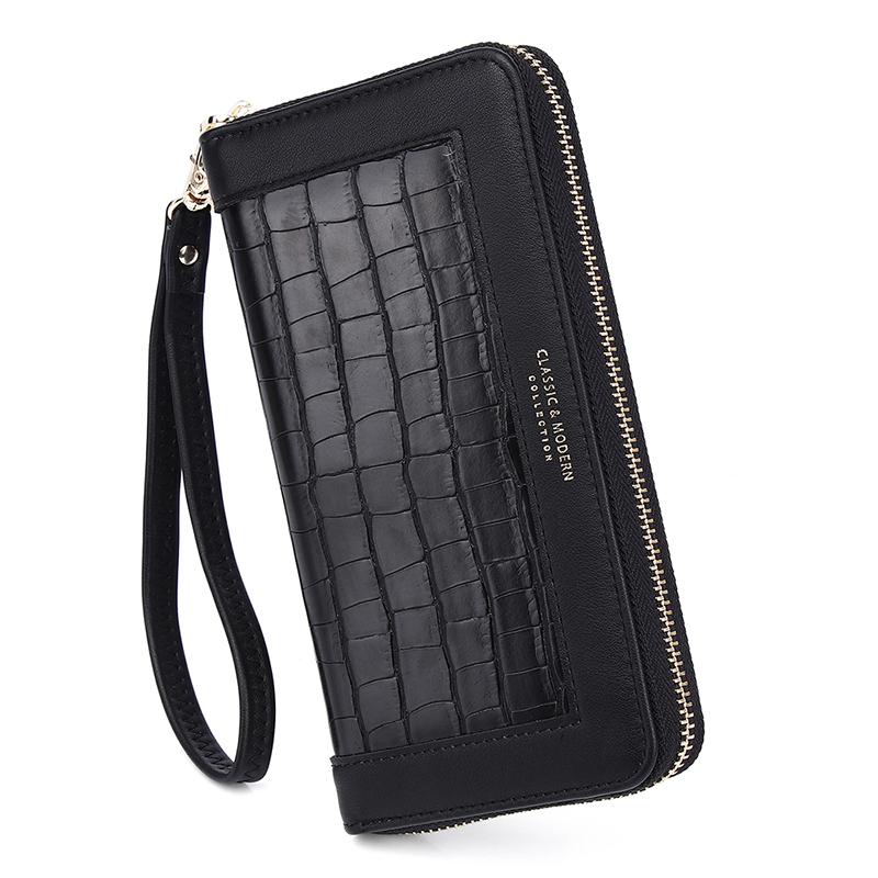 Unishow Krokodil Muster Frauen Brieftasche Lange Armband Damen Geldbörse Kupplung Weibliche Telefon Brieftasche Große Pu Leder Brieftasche Geldbörse: Black