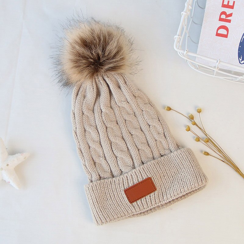 Cappello invernale da bambino berretto caldo lavorato a maglia spesso cappelli pompon carini per ragazzi ragazze cappellino tinta unita per bambini: beige
