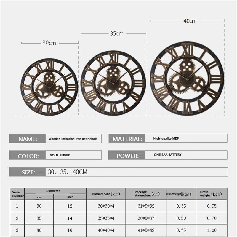 Getriebe retro Wanduhr Große 3D Römische Ziffer Geräuschlos nordisch Riesen Holz Jahrgang Uhren Horloge Wohnzimmer Bar Wohnkultur kunst