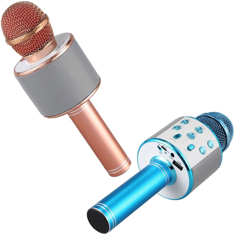 2 Pcs Wireless Karaoke Microphone Portable Bluetooth Mini Home KTV for Music Playing PC Blue & Rose Gold