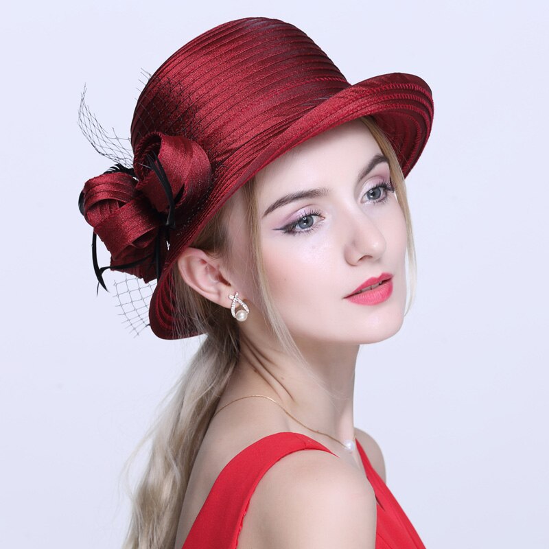 Lady Fedoras Hat Girl Summer Organza Cap Version Dome Hat British Shopping Adjust Fedoras Cap Shading Hats A67: Redwine