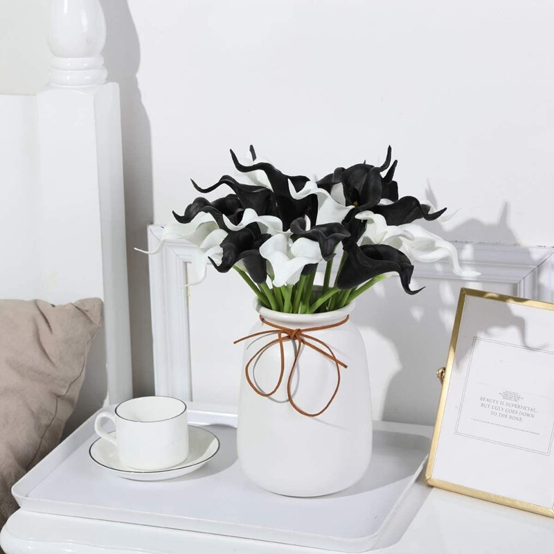 20 stk calla lily bridal wedding bouquet pu kunstige blomster arrangement til hjemmekontor festindretning (sort og hvid)
