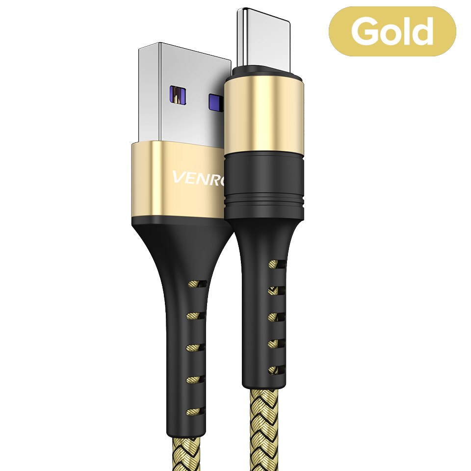 Cabo usb tipo c 5a venroii, fio de celular para carregamento rápido de huawei mate 20, p30, p20 pro, honor 20 10 8 v10 cabo usbc: Gold / 2 m