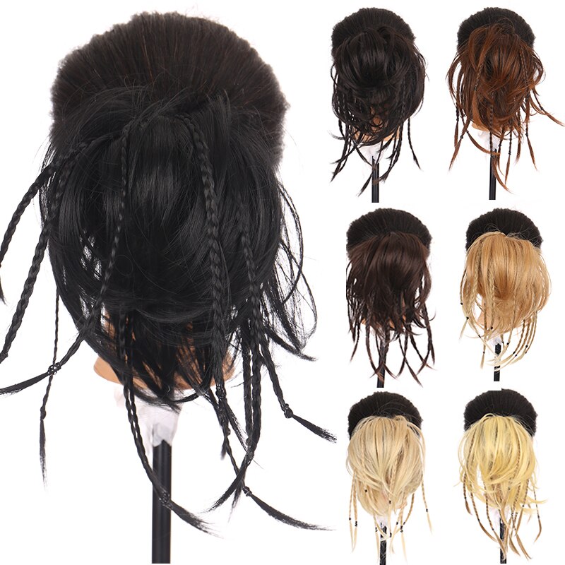 DIANQI Synthetic Messy Bun With Small Braided Hair Straight Chignon Elastic Messy Scrunchies Wrap Ponytail Extension For Women