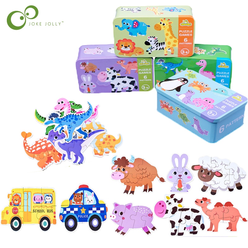 Baby Kids Cognition Puzzles Toys Cartoon Traffic Animal Cognition Puzzles Toys Baby Iron Box Cards Matching Education Game ZXH