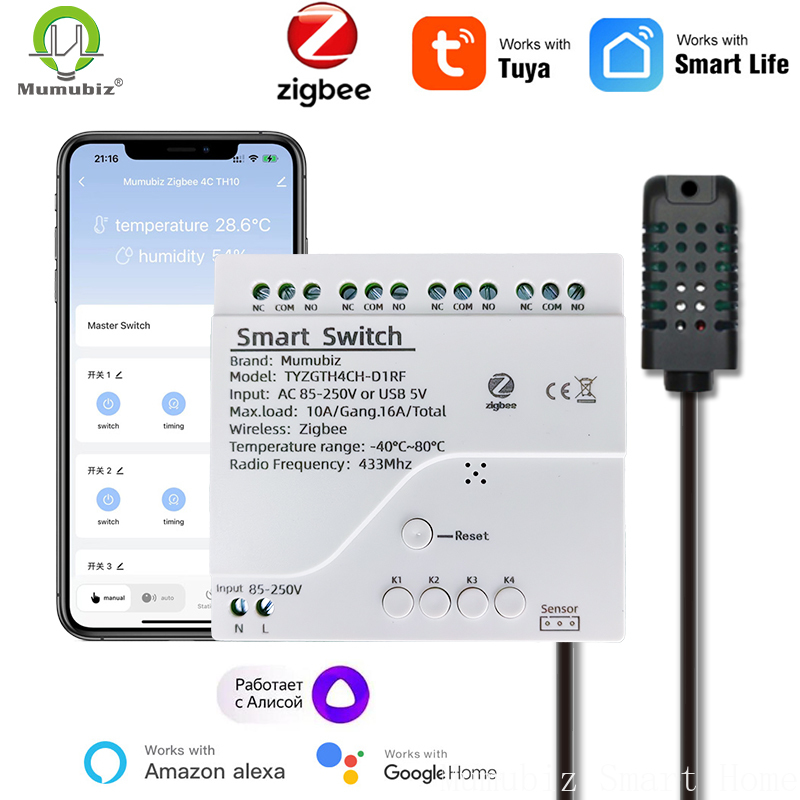 Tuya Smart TH10 Zigbee 4-kanaals schakelaar met temperatuur- en vochtigheidssensor Passief droog contact Zigbee-relais Werk met Alexa