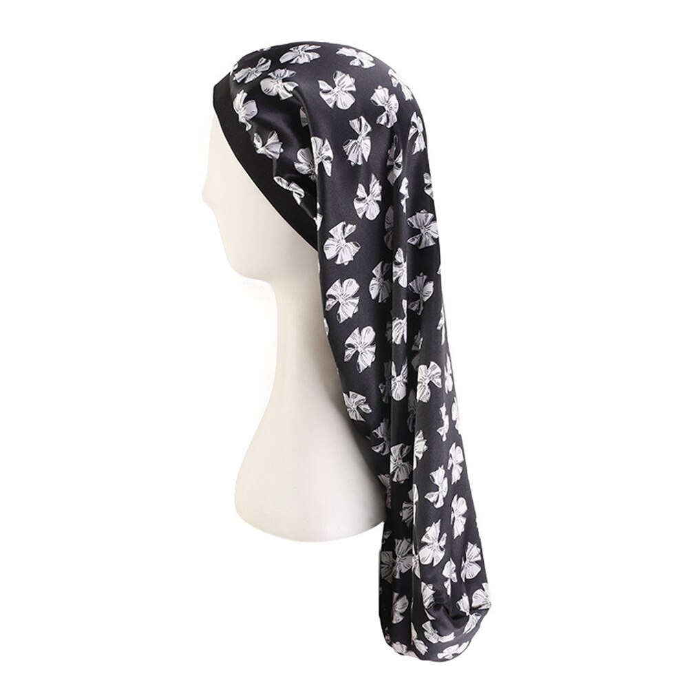 Elastische brede satijnen muts met lange haarlengte, slaapmuts, wikkelmuts, haarverzorgingsmuts voor dames, heren, unisex muts, muts: Zwarte afdruk