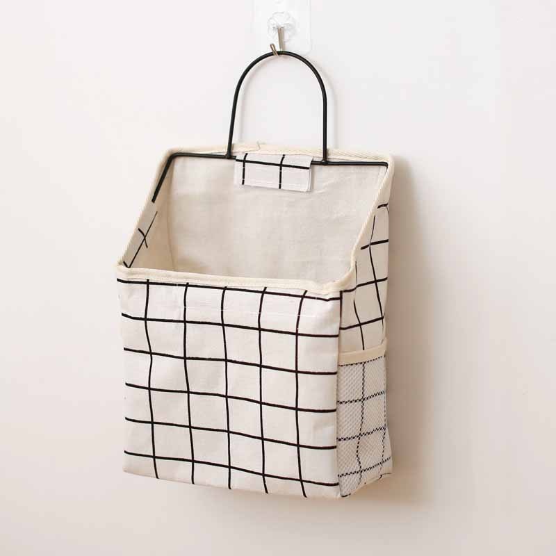 ONEUP Wall Hanging Storage Bags Cotton Linen Door Waterproof Bedroom Wall Hanging Home Office Books Sundries Organizer Bag: White square