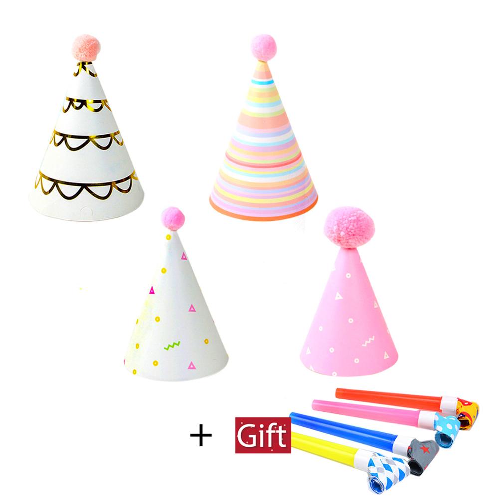 4 unids/set bebé chico gorro de papel de cumpleaños niño niña gorros de de cumpleaños festivo decoración sombrero dar dragón soplador silbato suministros: 4 pcs light pink