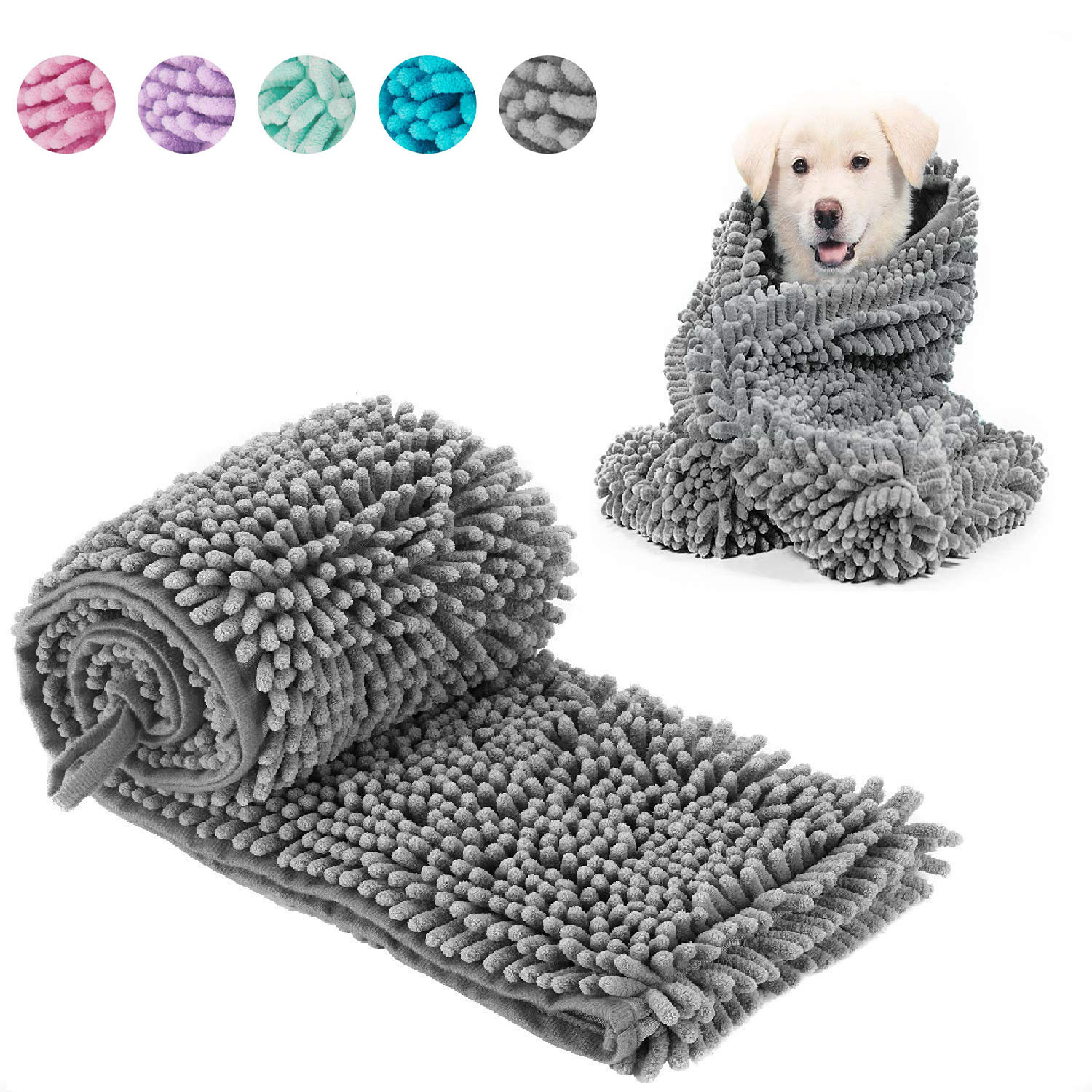 Absorbent Pet Bath Towel with Hand Pockets Microfibre Dog Drying Towel with 3 Sizes Chenille Fabric Machine Washable Pet Towels