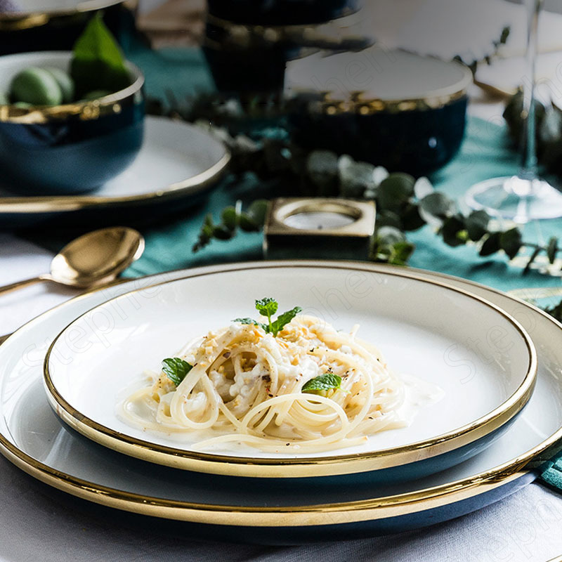 Golden Stroke Ceramic Dinner Set Plates and Dishes Nordic Modern Blue Color Glaze Plates and Bowls Steak Pasta Western Tableware