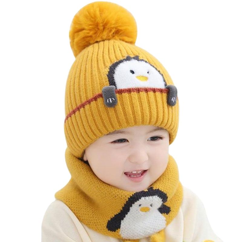 Doitbest 1 to 4 Years old baby kids Beanie sets Cute penguin 2 pcs boys girls winter villus hat scarf set