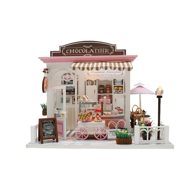 DIY domek dla lalek ręczna zabawka robić montażu Model fantastyczny pomysł kakao sklep kreatywny drewniany budynek świetlny drewniany domek dla lalek zabawki