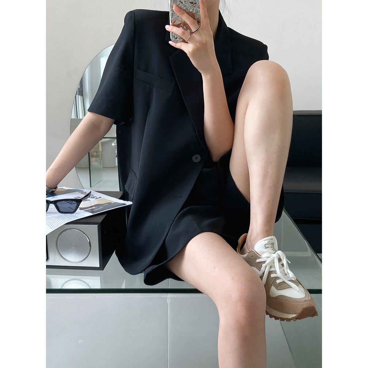 Summer Thin Short Sleeve Suit Jacket Women + Suit Shorts Suit Casual Loose Suit Two Piece Set: black / L