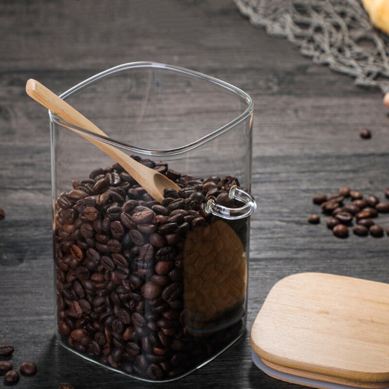 Récipient hermétique de pots de farine de sucre d'épice de grain de café en verre de pot de stockage de nourriture avec des couvercles et la cuillère en bois E2S