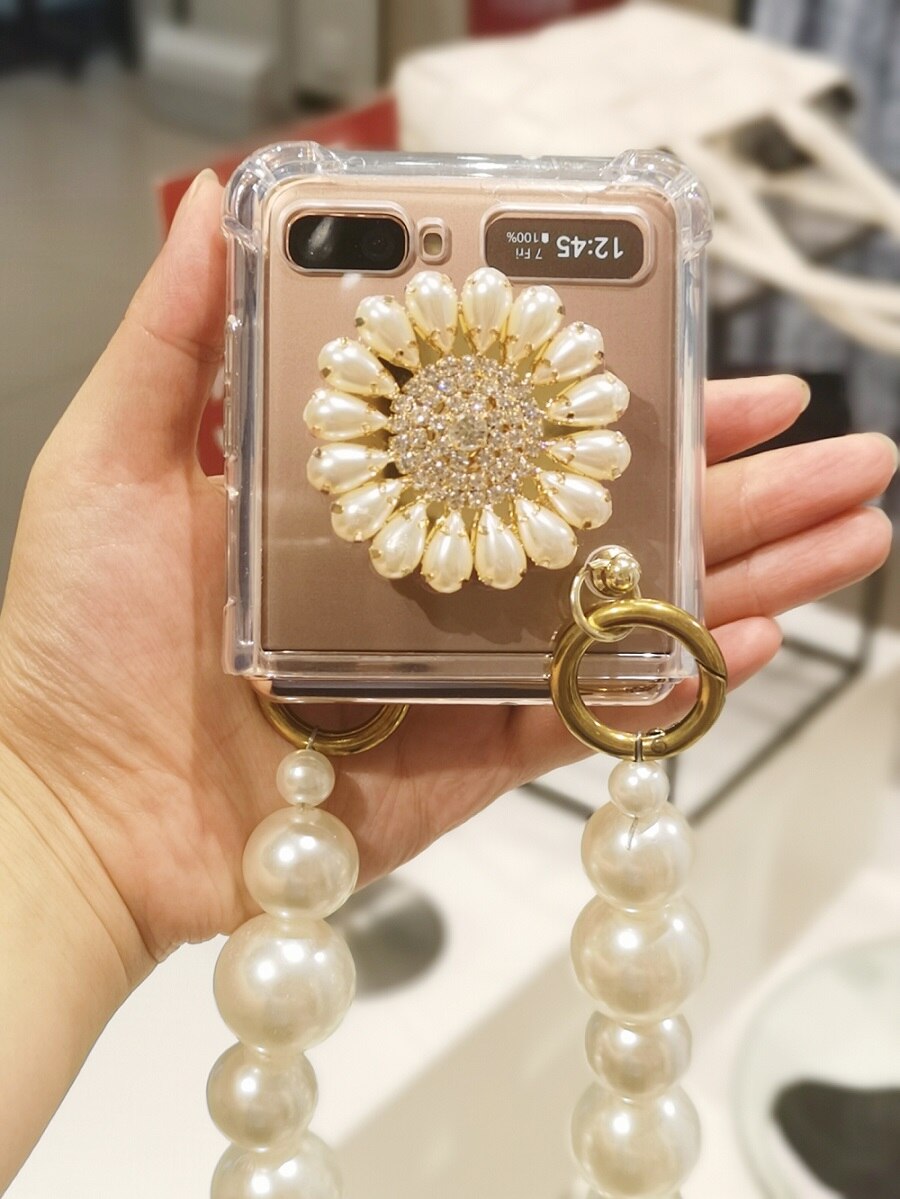 Pearl Bracelet Rhinestone Holder Phone Case For Samsung Galaxy Z Flip 3 Hand Chain Clear Shockproof Z Flip Cover