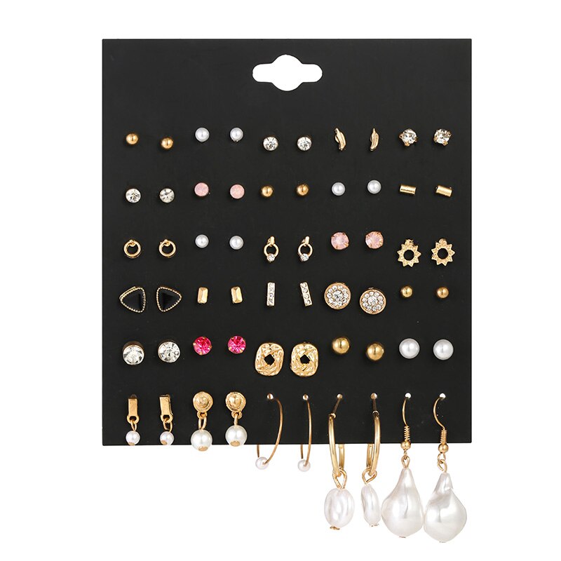 30 Paare/satz Perle Blume Ohrringe Für Frauen Nette Strass Herz sperren-Geschmack Kleine Zucht Ohrringe einstellen Gold Legierung Ohrring: E0593-1