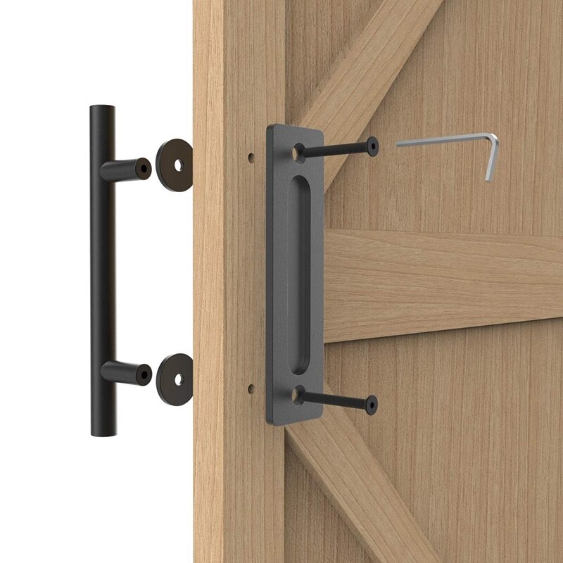 12 Inch Sliding Barn Door Handle Pull And Flush Hardware Set With Barn Door Floor Guide, Rustic Black (1 Set)