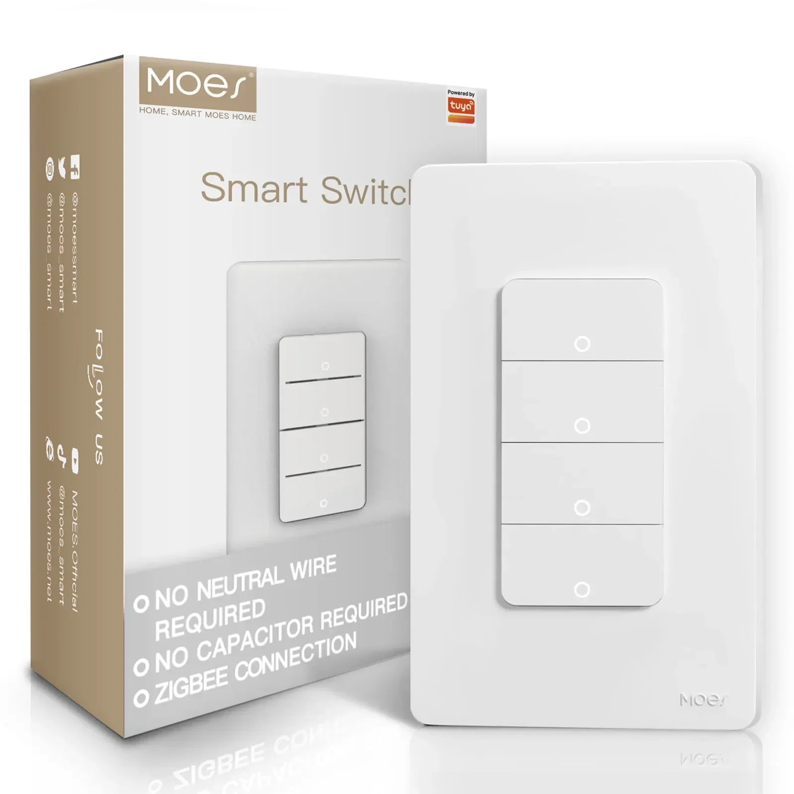 MOES-interruptor de luz inteligente Tuya ZigBee US, interruptor de pared con botón, funciona con Alexa, Google Home, cable neutro, No requiere cable neutro: Castaño