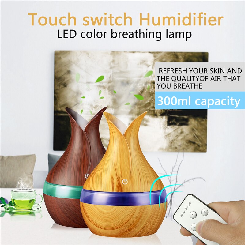 USB Wood Grain Essential Oil Diffuser 330ml Ultrasonic Humidifier Household Aroma Diffuser Aromatherapy Mist Maker with Light