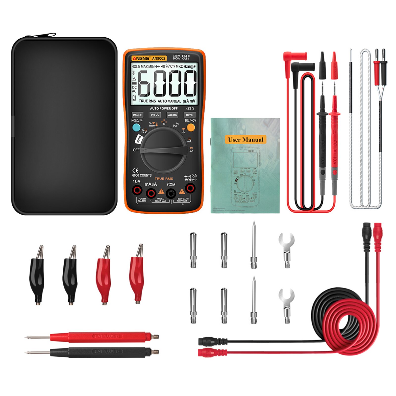 jakiś9002 cyfrowy multimetr Bluetooth 6000 zlicza profesjonalny MultimetroTrue RMS AC/DC woltomierz automatyczny-zakres: pomarańczowy zestaw B