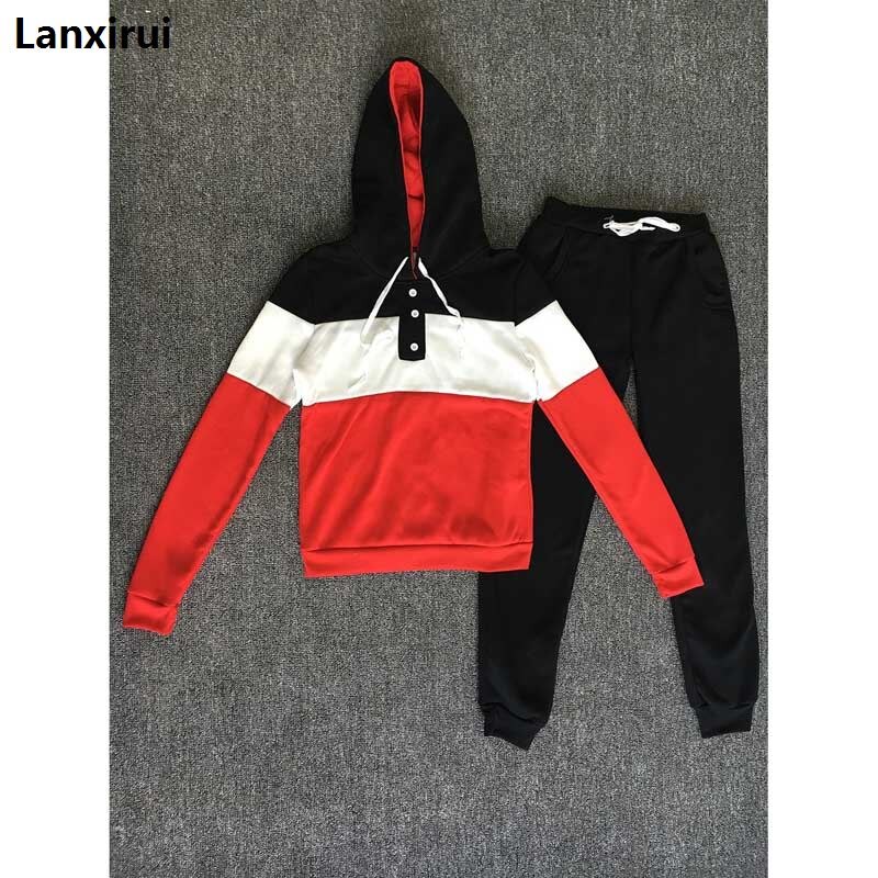 Frauen Zwei Stück Kleidung Set Herbst Trainingsanzug Patchwork Hoodie Sweatshirt Lange Hose Jogger Outfit Set Weibliche Schweiß Anzug