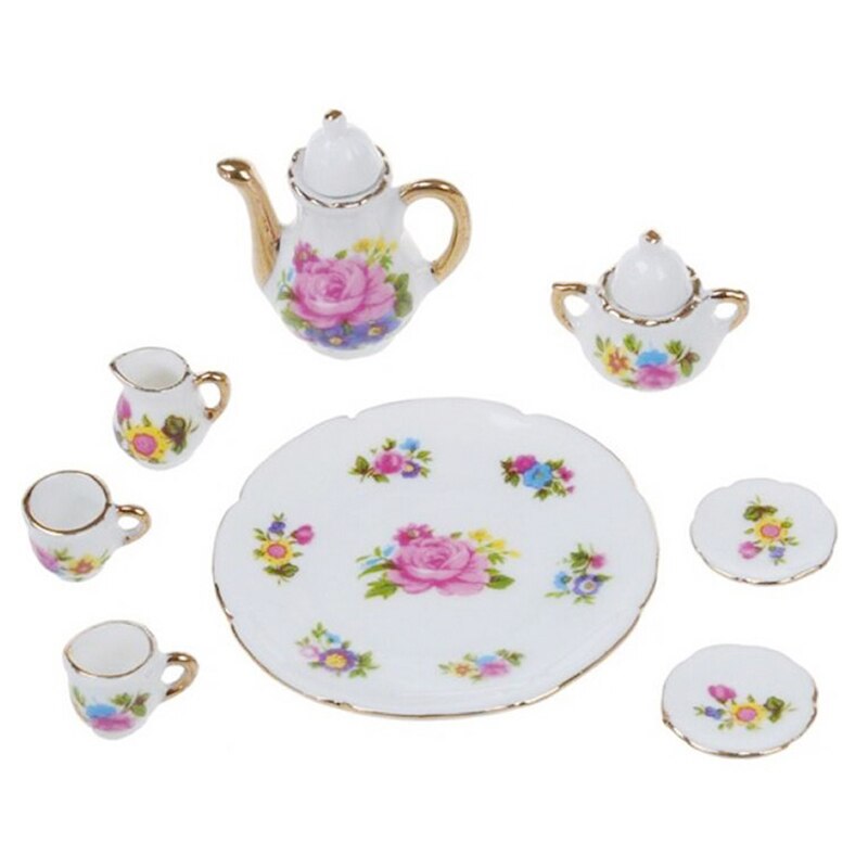 8 pezzi In Miniatura Casa Delle Bambole Piatti E Posateria Tè In Porcellana Set Da Tavola Tazza Piatto Colorato Stampa Floreale