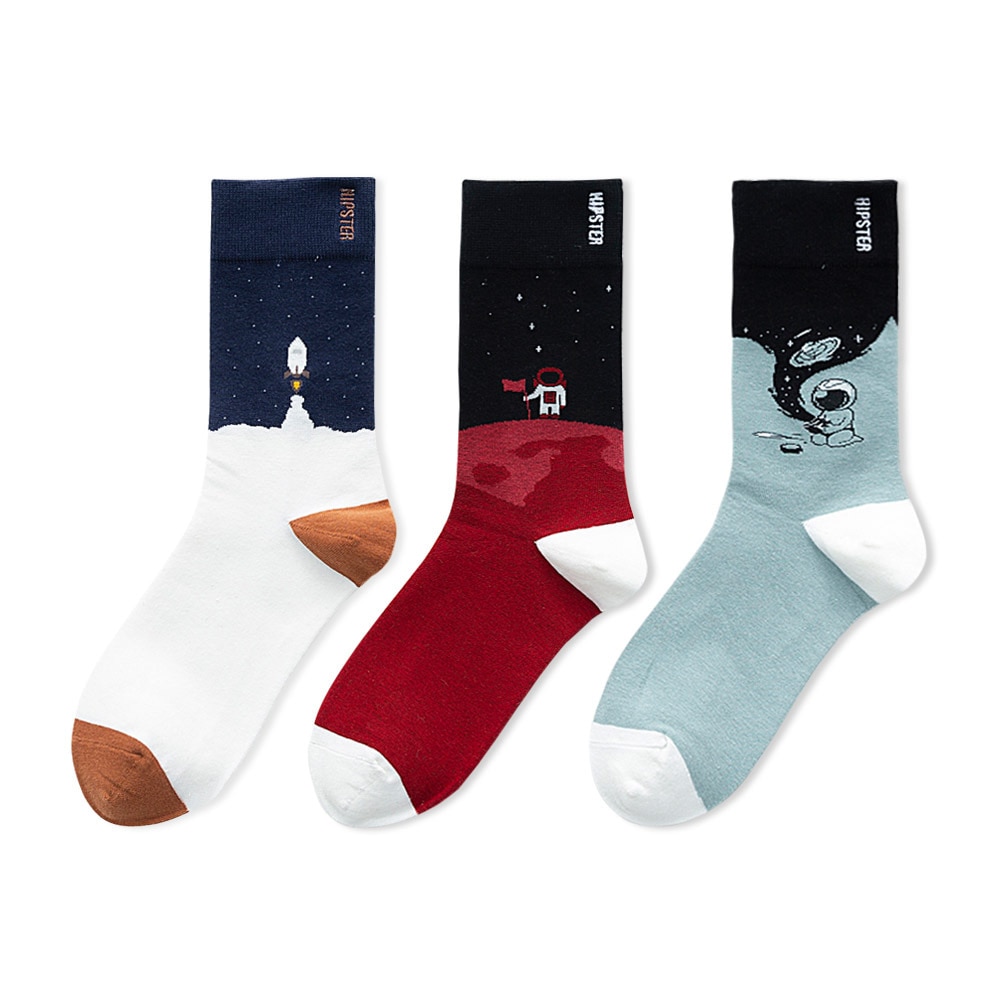 3Pairs/lot Novelty Men Socks Rocket Lift off Scenes Socks Funny Space Program Pattern Socks Streetwear Boy Socks 36-43 Unisex