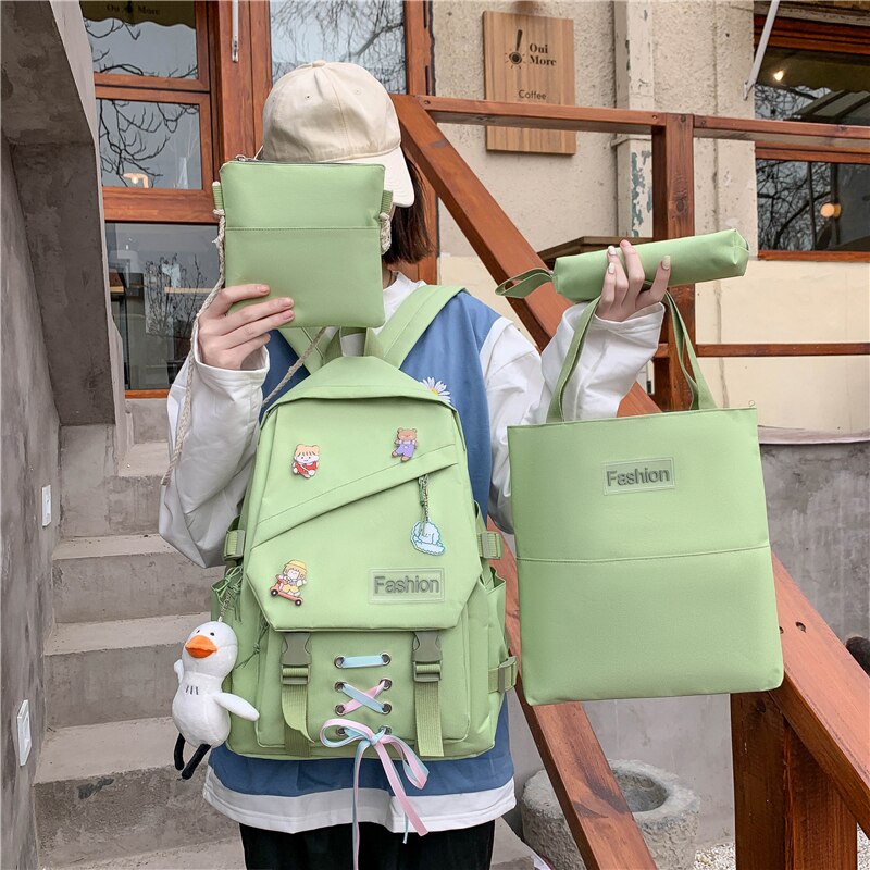 4-Delige Set Meisje Rugzak Voor School Tassen Tiener Leuke Lint Mode Middelbare School Student Rugzak Vrouwen nylon Groen