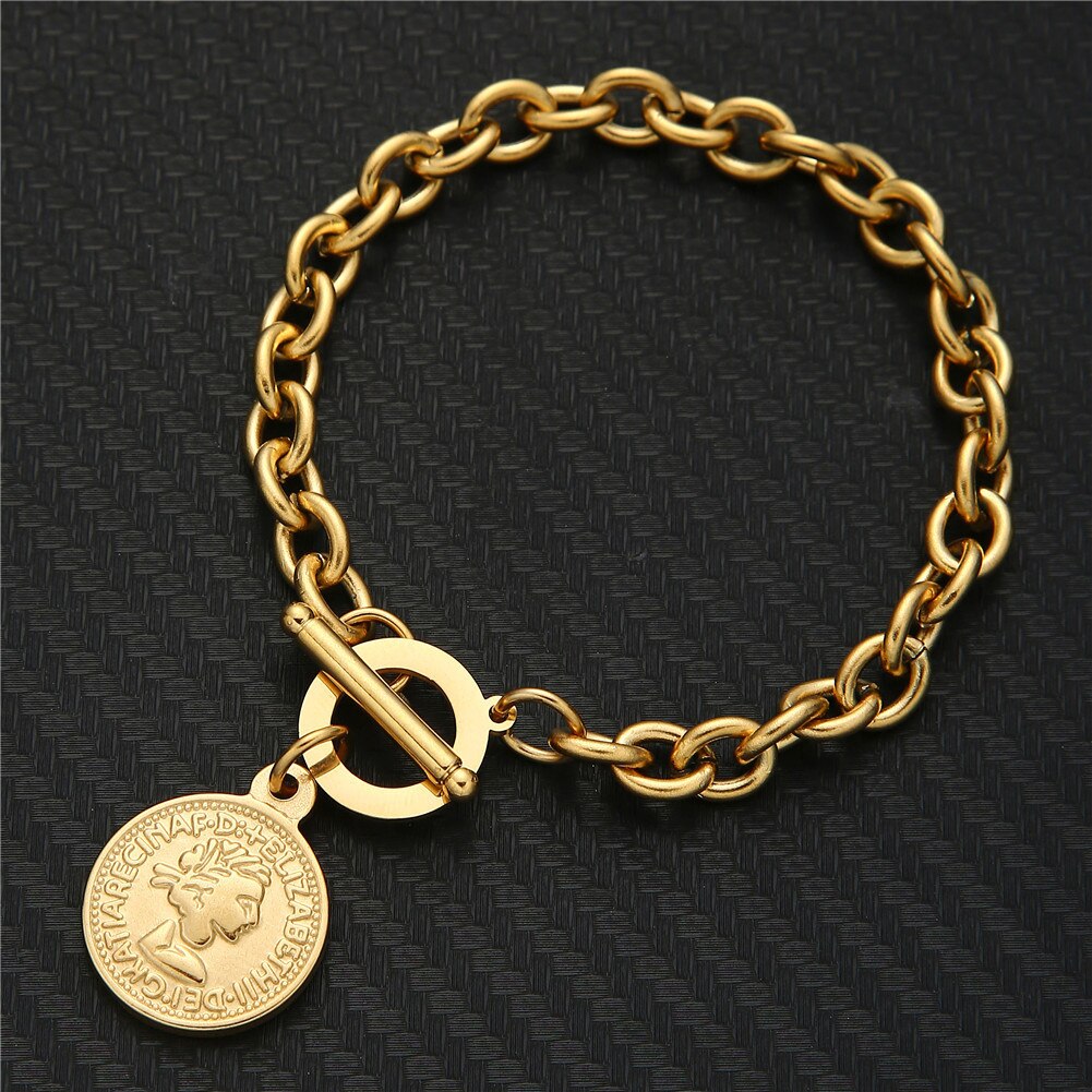 Hip hop aço inoxidável toggle beleza cabeça encantos pulseiras para mulheres homens ot fivela moeda pingente goth pulseira