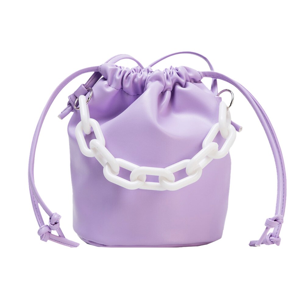 Drawstring Shoulder Bag Women PU Chain Bucket Handbags Female Solid Color Purse Youth Ladies Simple Versatile Bag: Purple 