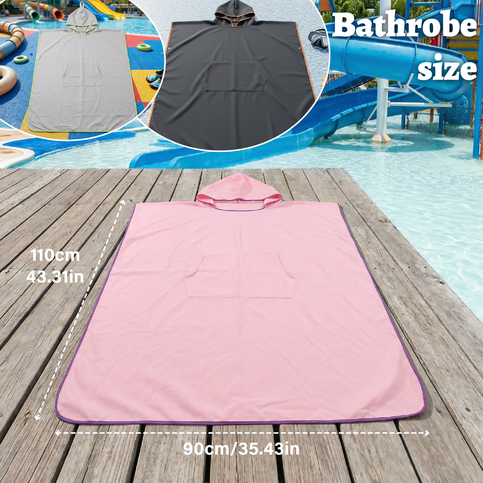 Grijze snel drogende strandponcho, lichtgewicht oversized badjas met zakken, surfhanddoek, omslagdoek, zonnedeken