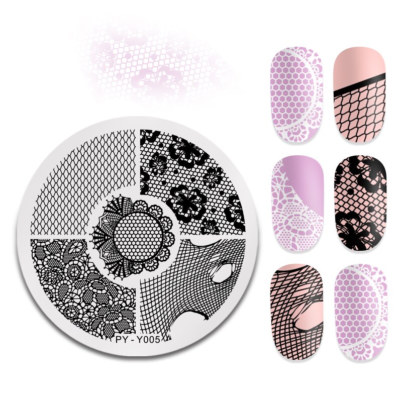 PICT YOU Grid flores encaje uñas estampadas placas patrones de encaje redondo Acero inoxidable Nail Art esténcil herramientas