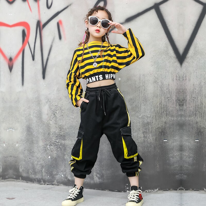 Piger hiphop dans kostumer til børn gul stribe top hiphop bukser moderne dans rave tøj jazz street wear dqs 5461: 130cm