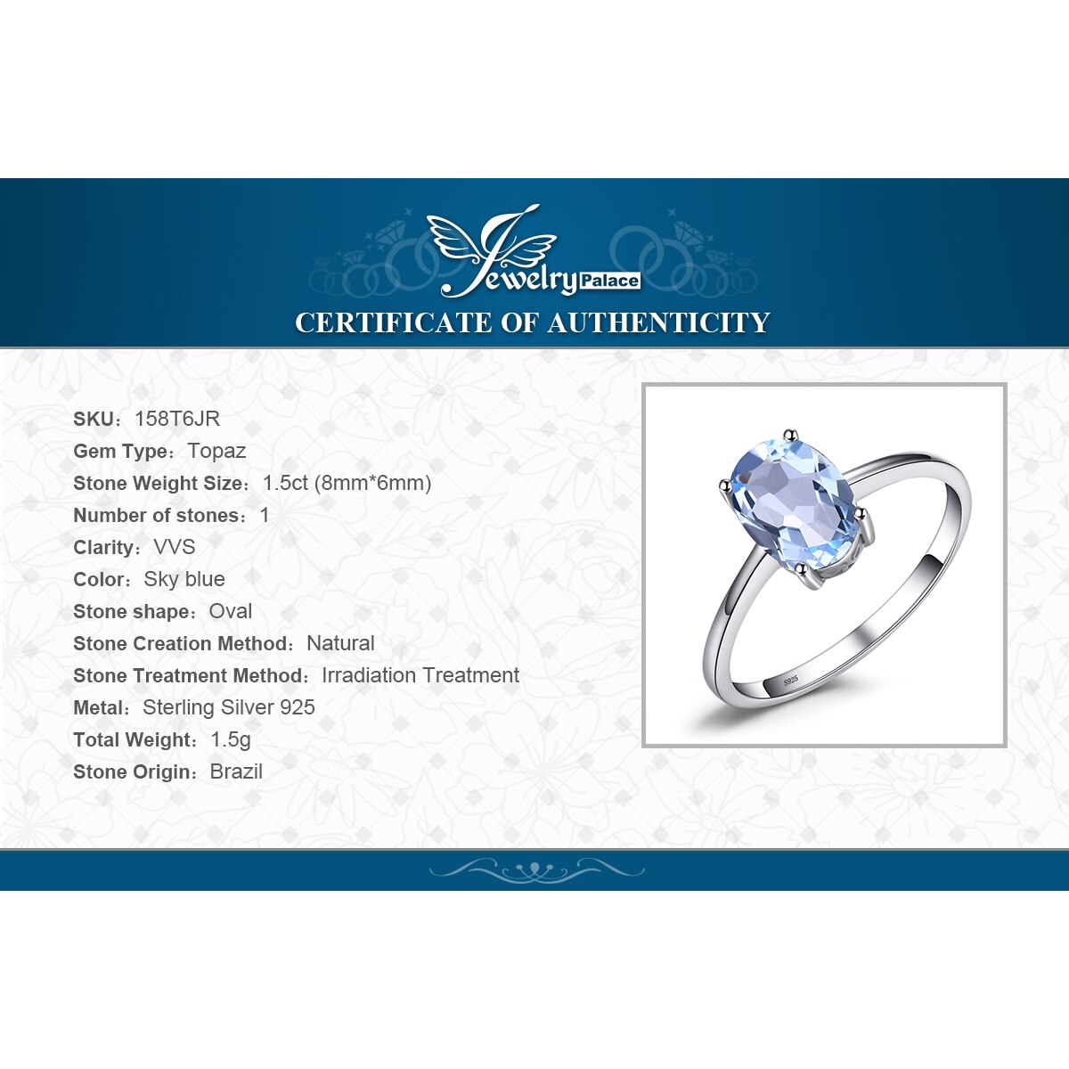 Juvelrypalace ægte blå topas ring solitaire 925 sterling sølvringe til kvinder forlovelsesring sølv 925 ædelsten smykker