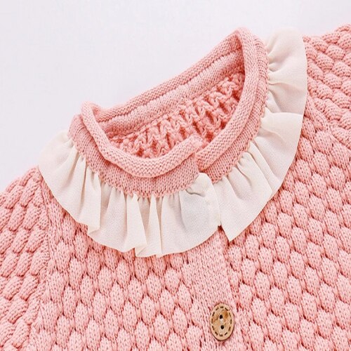 Cathery Baby Meisje Trui Jas Classic Lace Ronde Hals Ruches Single-Breasted Geribbelde Sluiten Lente Zoete Kleding Uitloper