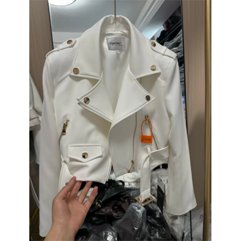 Frühling Und Herbst Neue Joker Anzug Weibliche Kurze Dünne Lange Hülse Motorrad Jacke Bequeme Und Elegante V-ausschnitt Geschmack Jacke: M / Beige