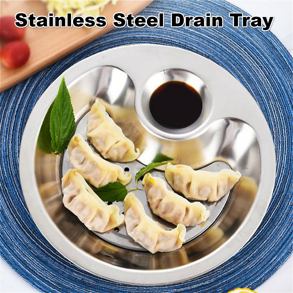Thick Stainless Steel Vinegar Dish Dumpling Plate Drain Double Tray Fruit Tray Serving Platter Portion Dish Kitchen Tool