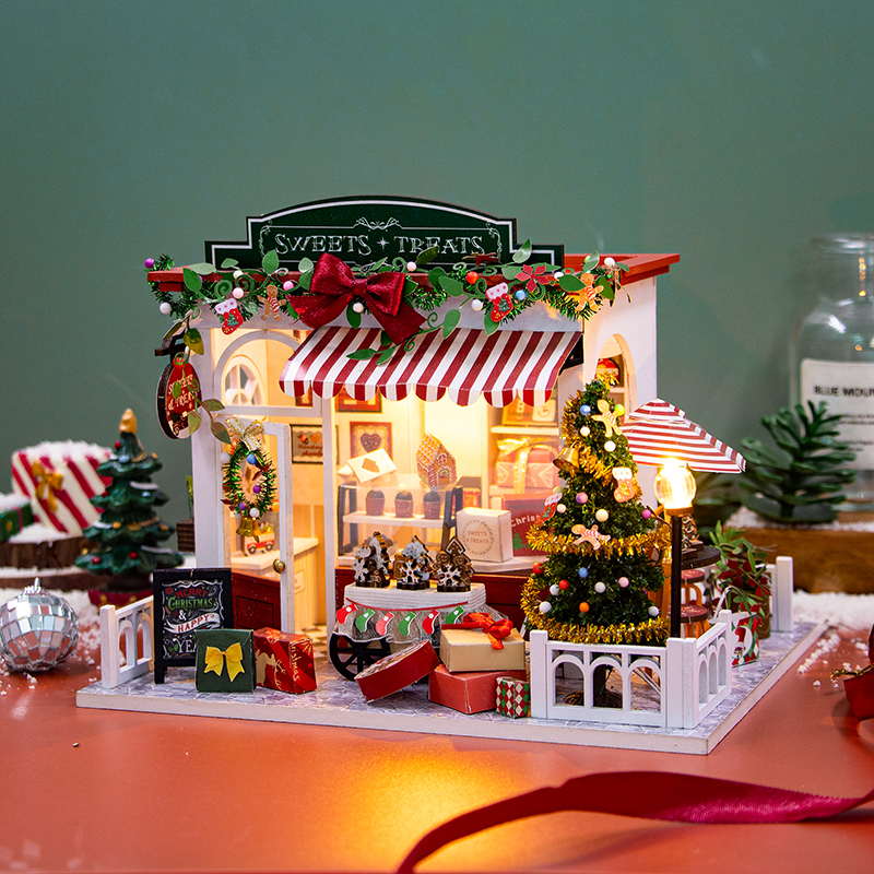 Diy Houten Poppenhuizen Kerst Dessert Winkel Casa Miniatuur Model Kit Villa Poppenhuis Met Meubels Led Licht Voor Vrienden Cadeau
