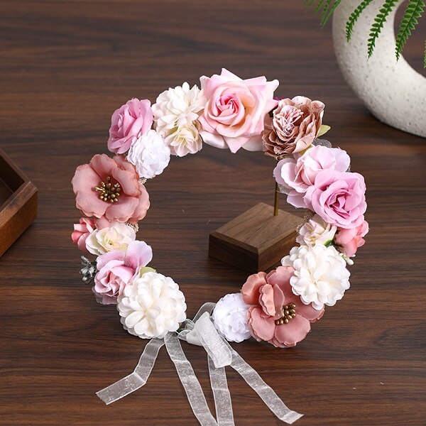 3 Artificial Flower Wreath Bride Women Flower Crown Hair Band Wedding Floral Headband Garland Ribbon Girl Hair Accessorie: Pink