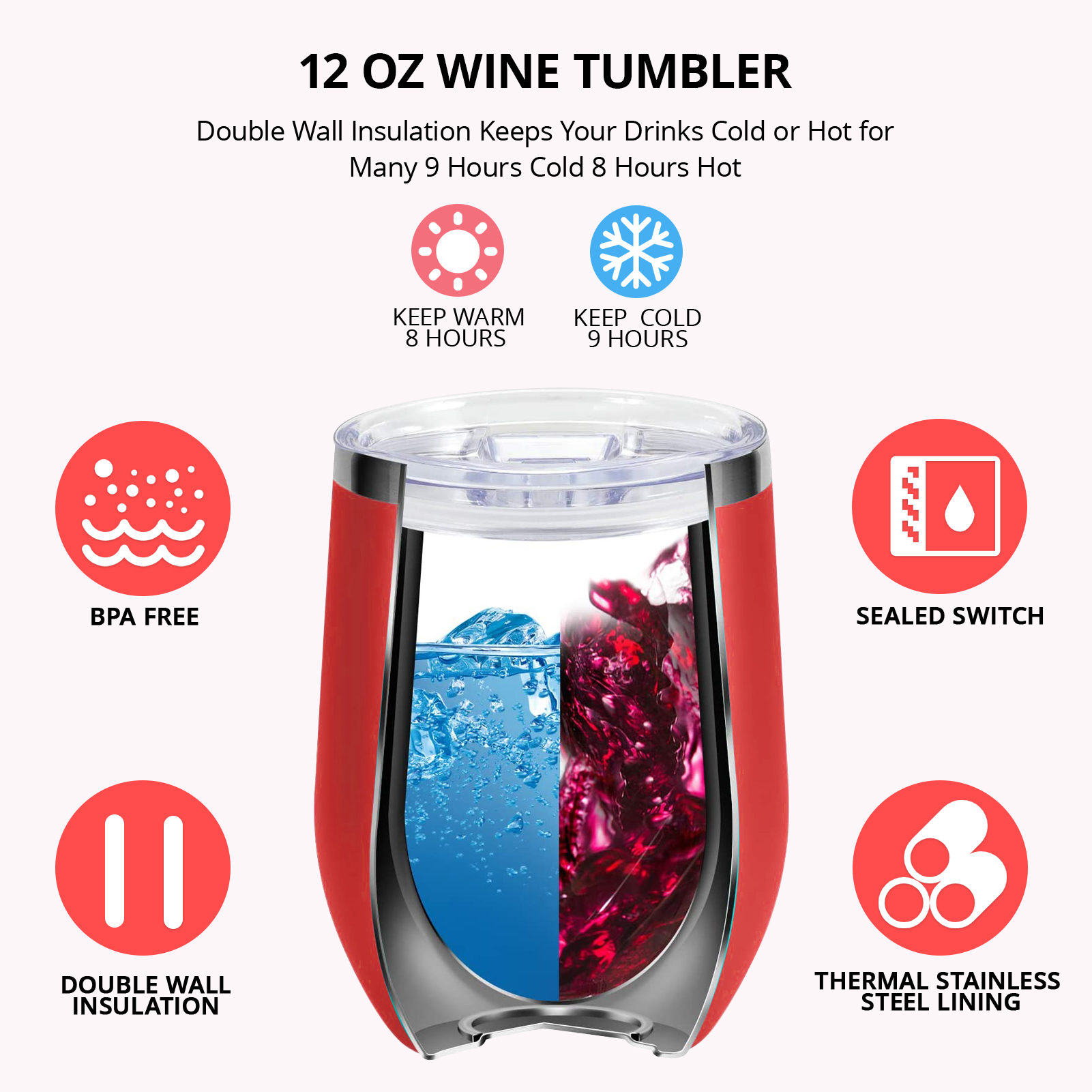 Roestvrijstalen Wijnbekers, 12Oz Geïsoleerde Wijnbeker, Roestvrijstalen Steelloze Wijnbekers Met Deksels Voor Koffie, Wijn