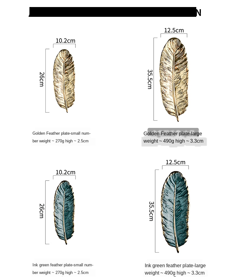 Vassoio portaoggetti in ceramica di lusso con bordo in oro foglia verde oro piuma gioielli trucco pennello piatto decorativo Sushi