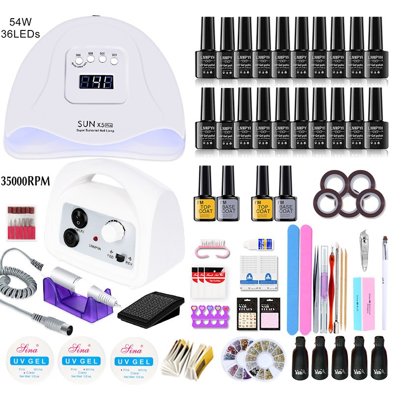 Manicure Set and Electric Nail Drill Machine with 114W UV Led Nail Lamp Drying Nail Set 30/20/18/10 Colors UV Nail Polish Kit: 54w 20 colors white