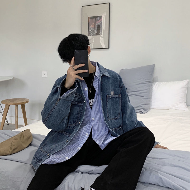 Katoen Blauw Denim Jas Heren Mode Retro Pocket Denim Jassen Heren Streetwear Losse Hip-Hop Bomberjack Mannen utility Jacket